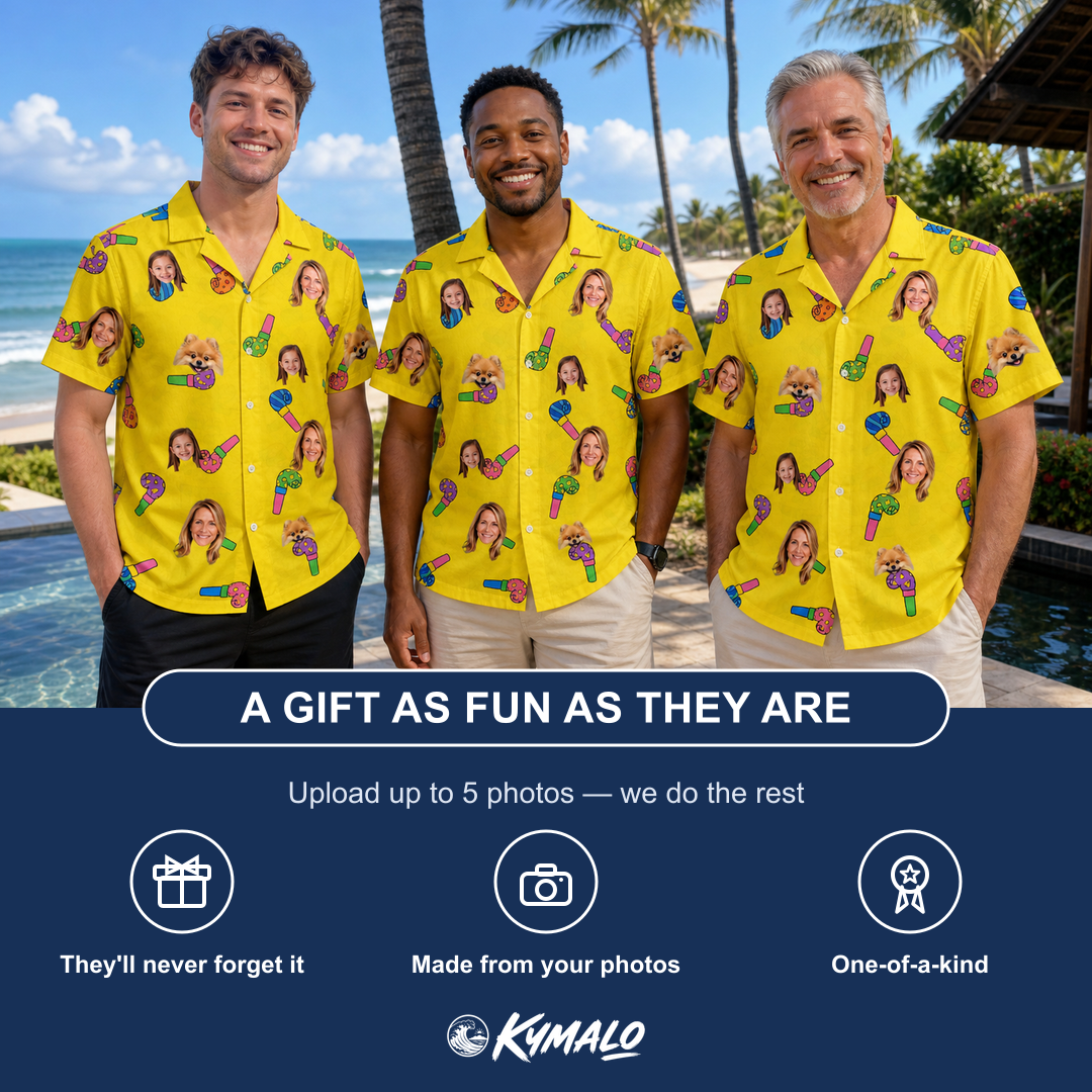 Friends in matching Men's Blowout Bonanza Custom Face Hawaiian Shirt — a group gift photo