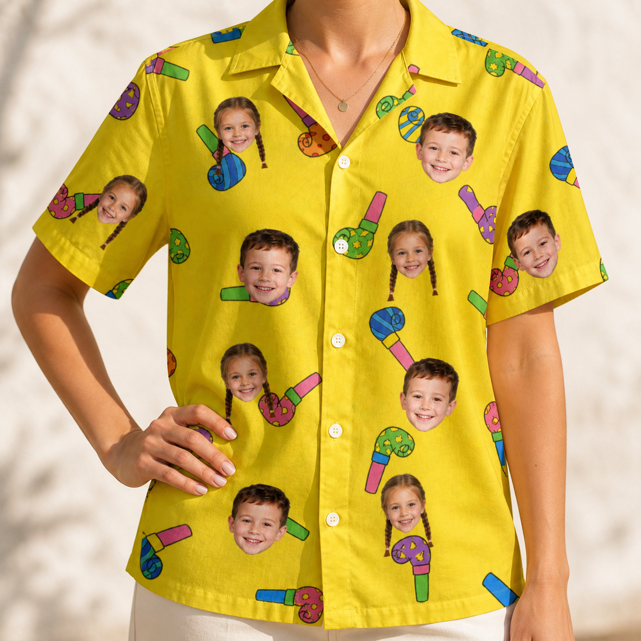 Model wearing Women's Blowout Bonanza Custom Face Hawaiian Shirt printed with kids' faces