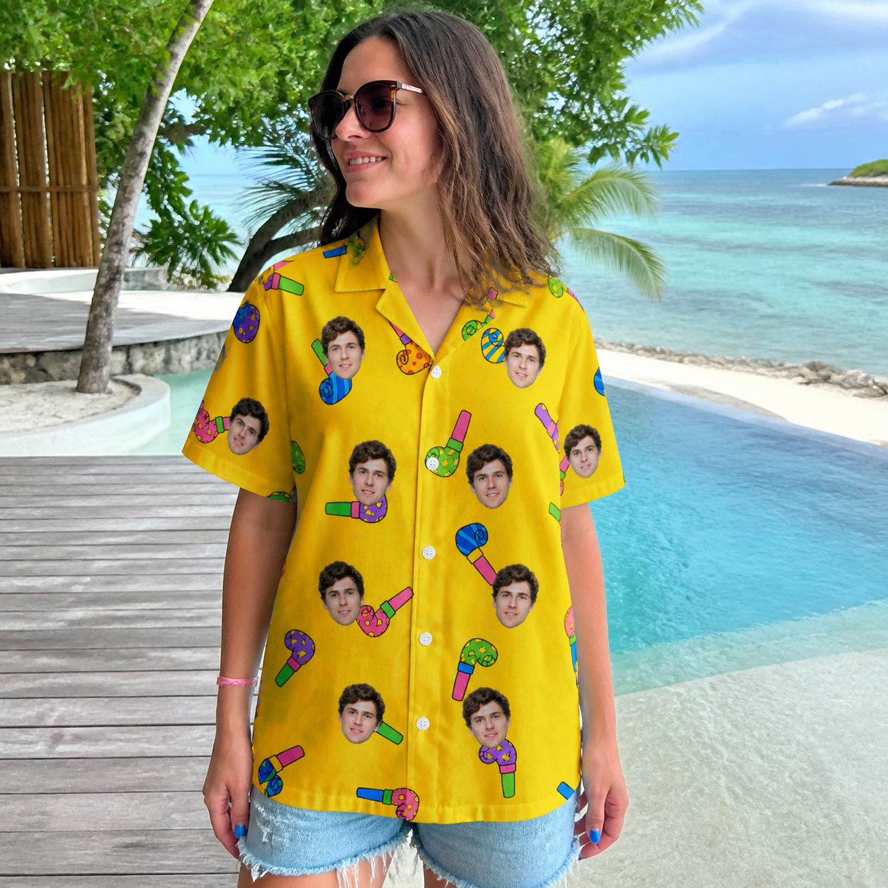 Real-life photo of someone wearing Women's Blowout Bonanza Custom Face Hawaiian Shirt — custom faces printed all-over