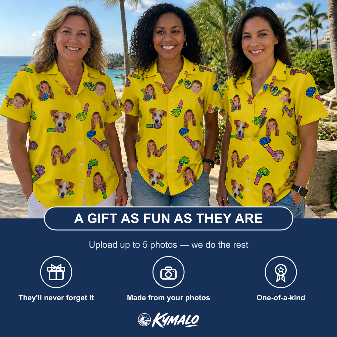 Friends in matching Women's Blowout Bonanza Custom Face Hawaiian Shirt — a group gift photo