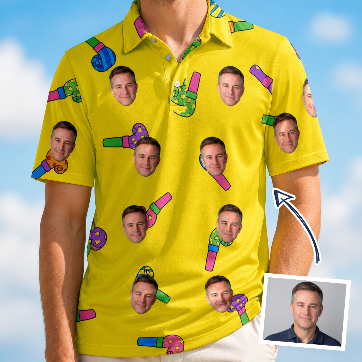 Man wearing Men's Blowout Bonanza Custom Face Polo Shirt — custom faces printed all-over
