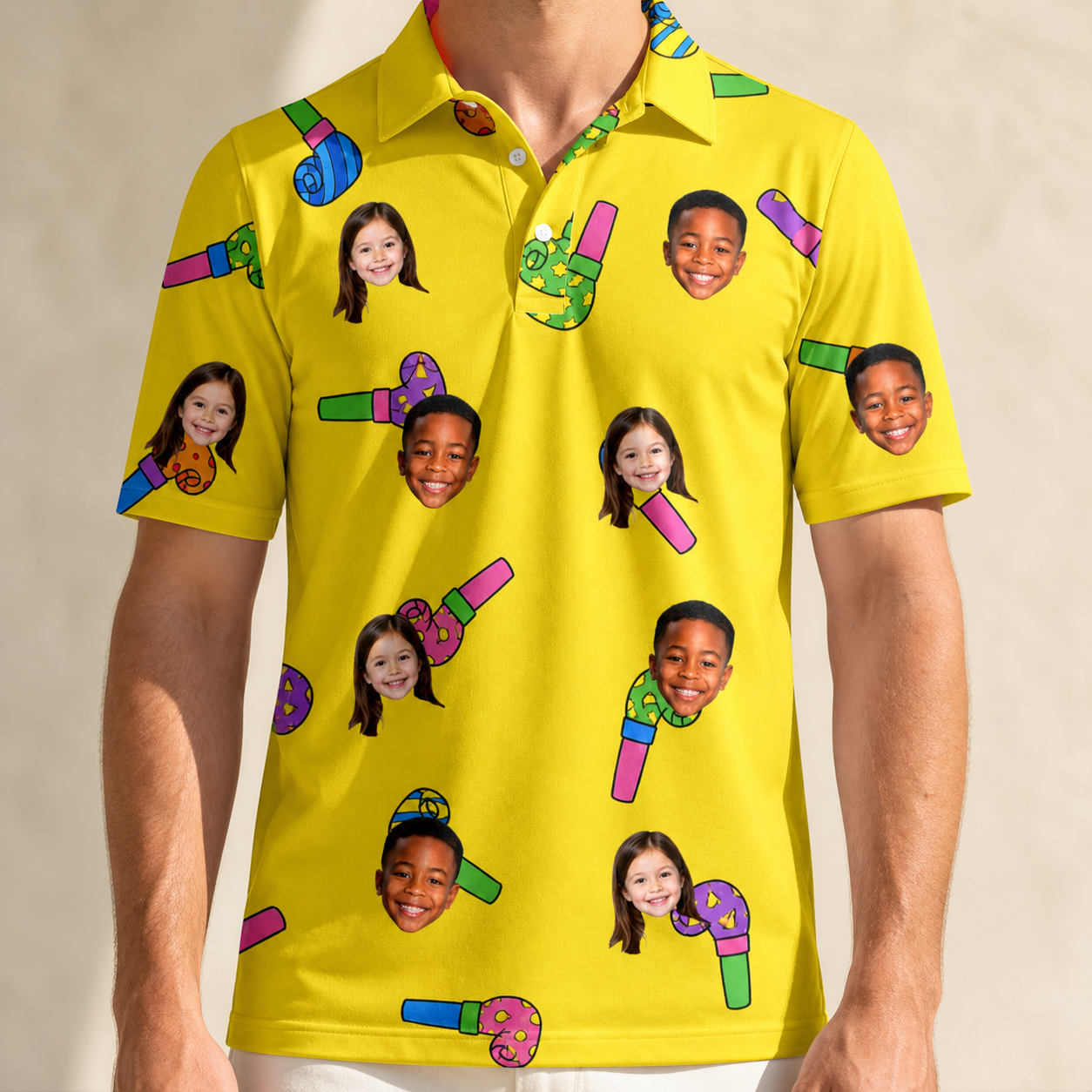 Model wearing Men's Blowout Bonanza Custom Face Polo Shirt printed with kids' faces