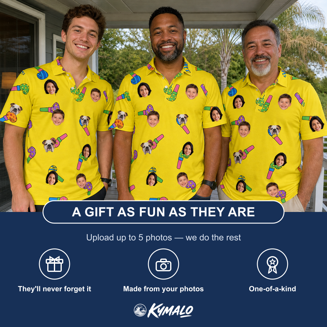 Friends in matching Men's Blowout Bonanza Custom Face Polo Shirt — a group gift photo