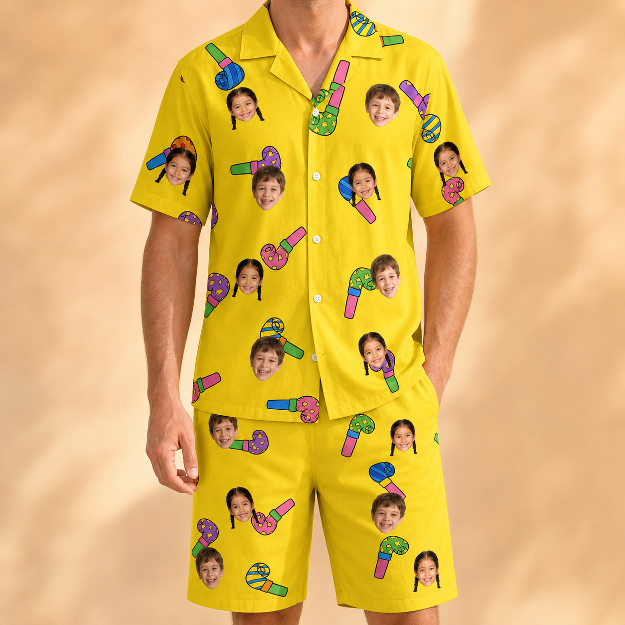 Model wearing Men's Blowout Bonanza Custom Face Shirt & Shorts Set printed with kids' faces