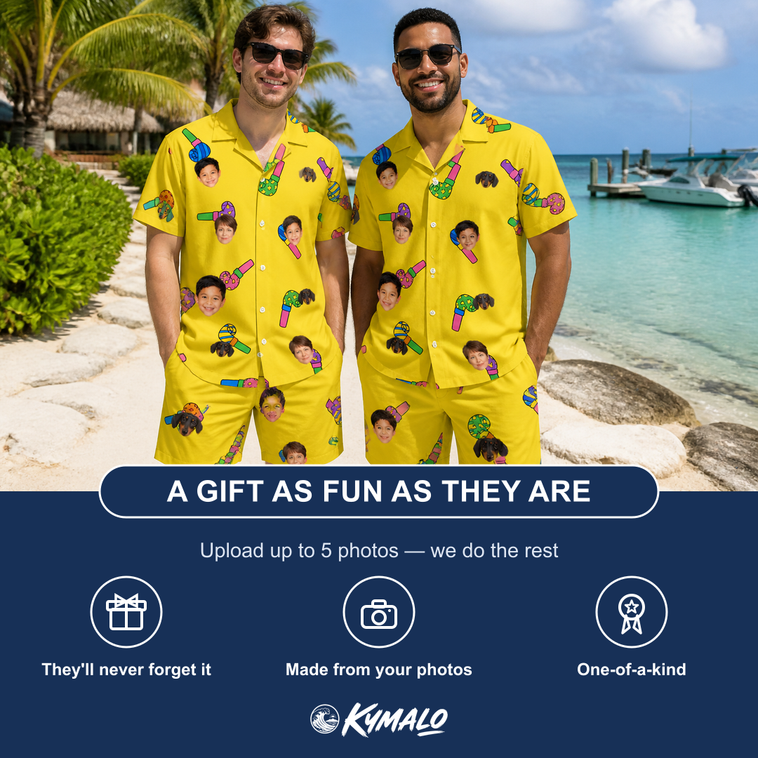 Friends in matching Men's Blowout Bonanza Custom Face Shirt & Shorts Set — a group gift photo