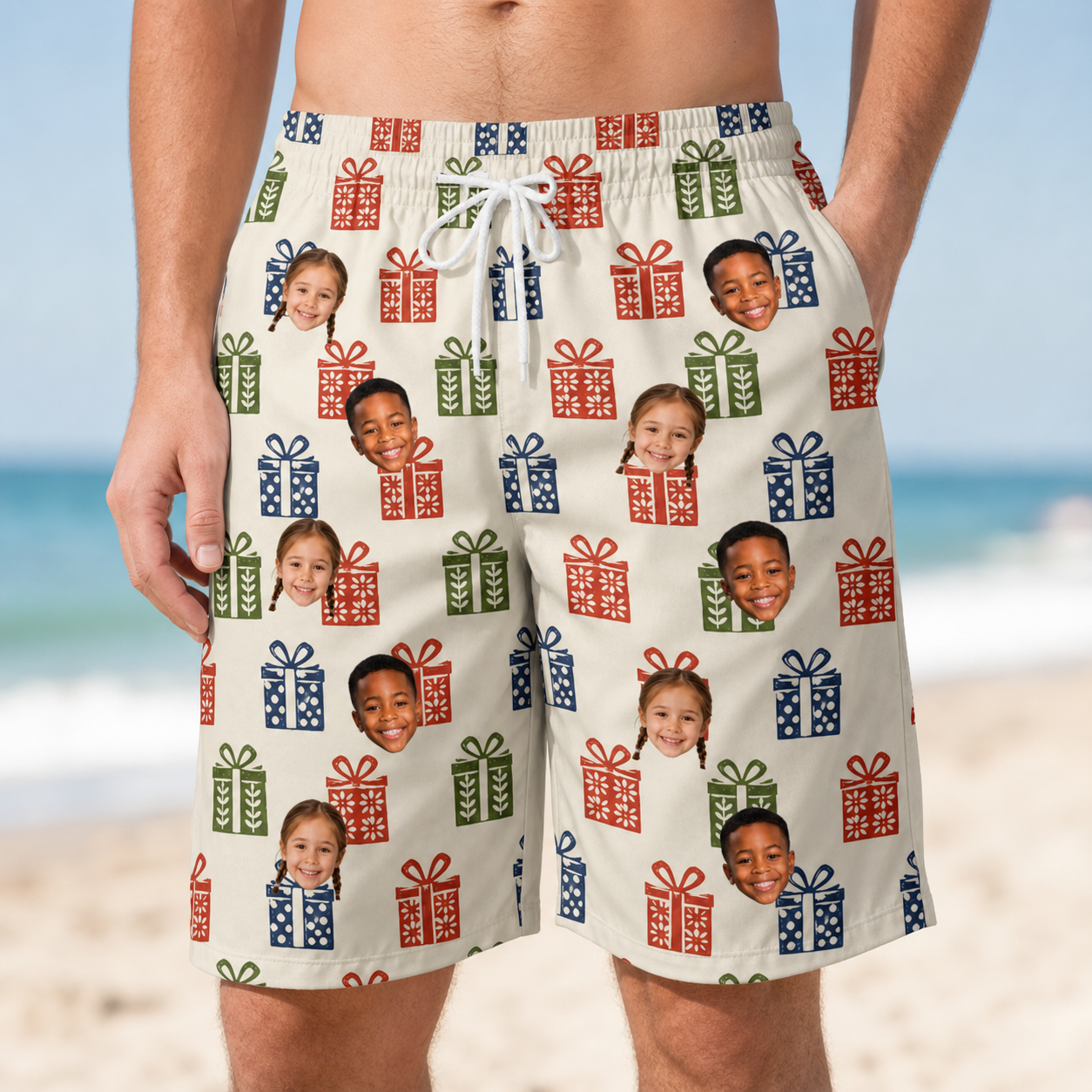 Model wearing Men's Cheery Crates Custom Face Beach Shorts printed with kids' faces