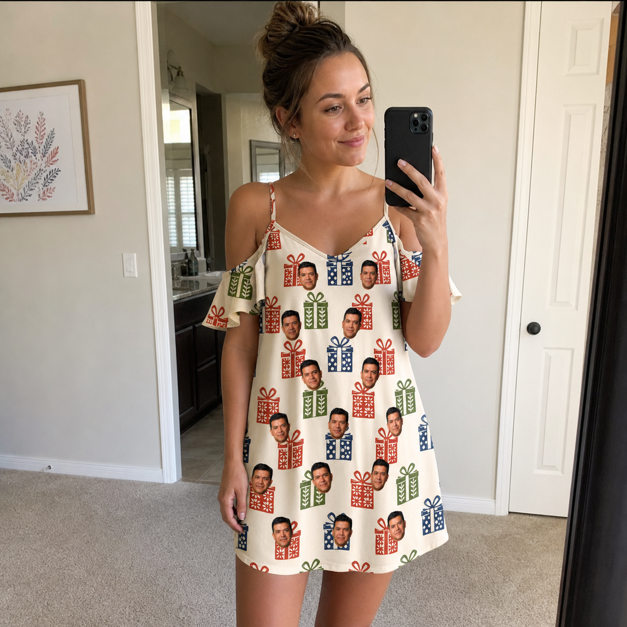 Real-life photo of someone wearing Women's Cheery Crates Custom Face Off-Shoulder Dress — custom faces printed all-over