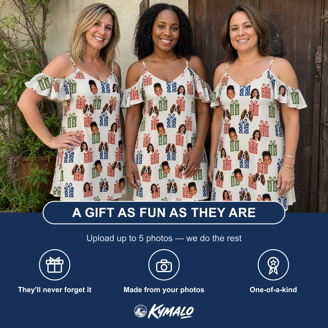 Friends in matching Women's Cheery Crates Custom Face Off-Shoulder Dress — a group gift photo