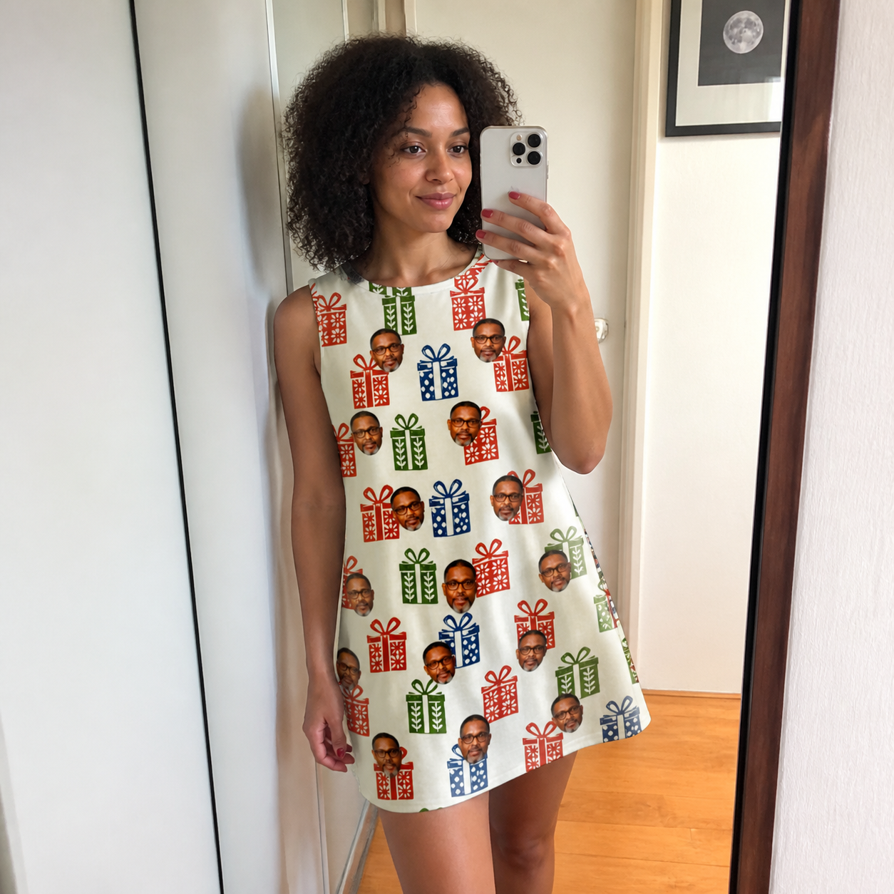 Real-life photo of someone wearing Women's Cheery Crates Custom Face Tank Dress — custom faces printed all-over