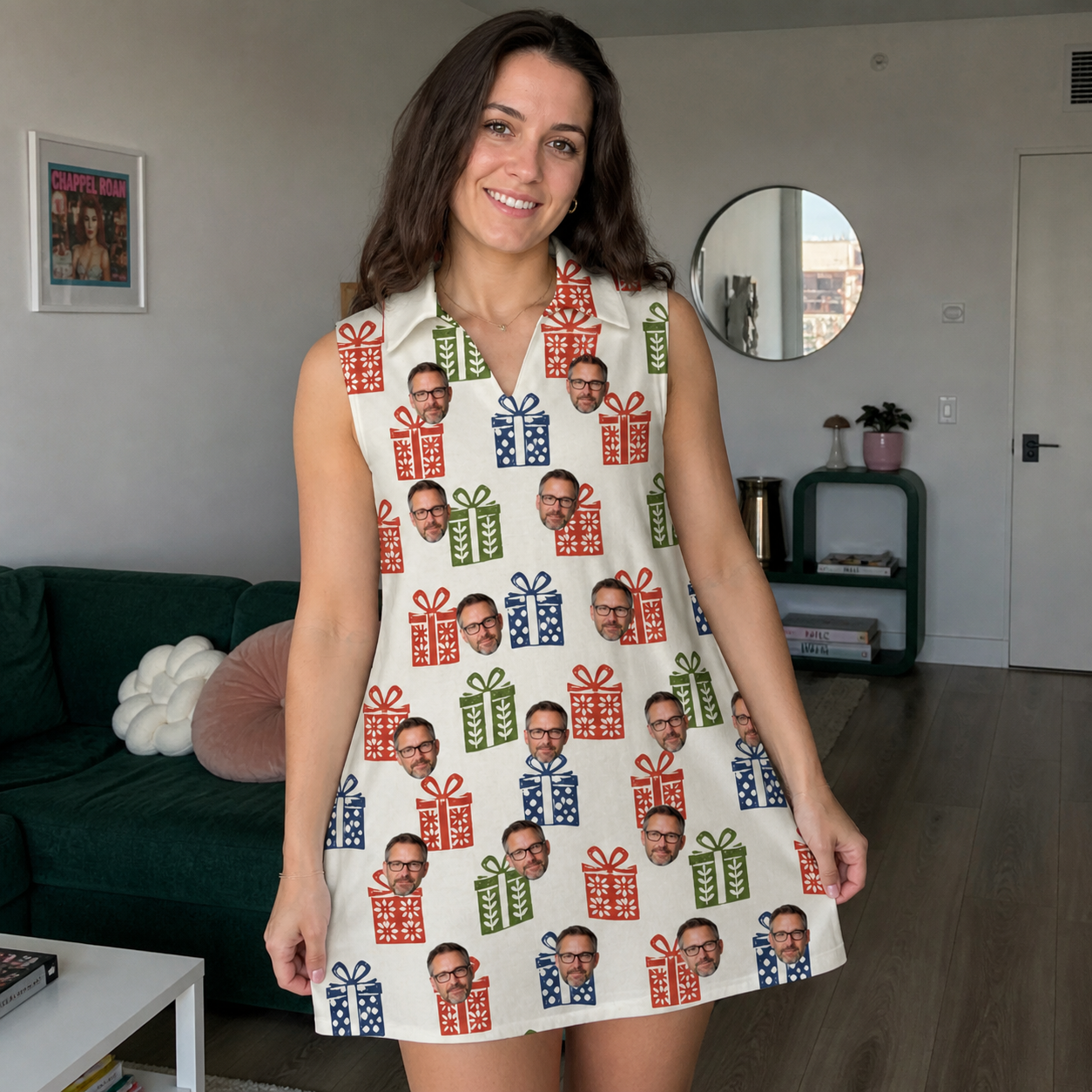 Real-life photo of someone wearing Women's Cheery Crates Custom Face V-Neck Dress — custom faces printed all-over