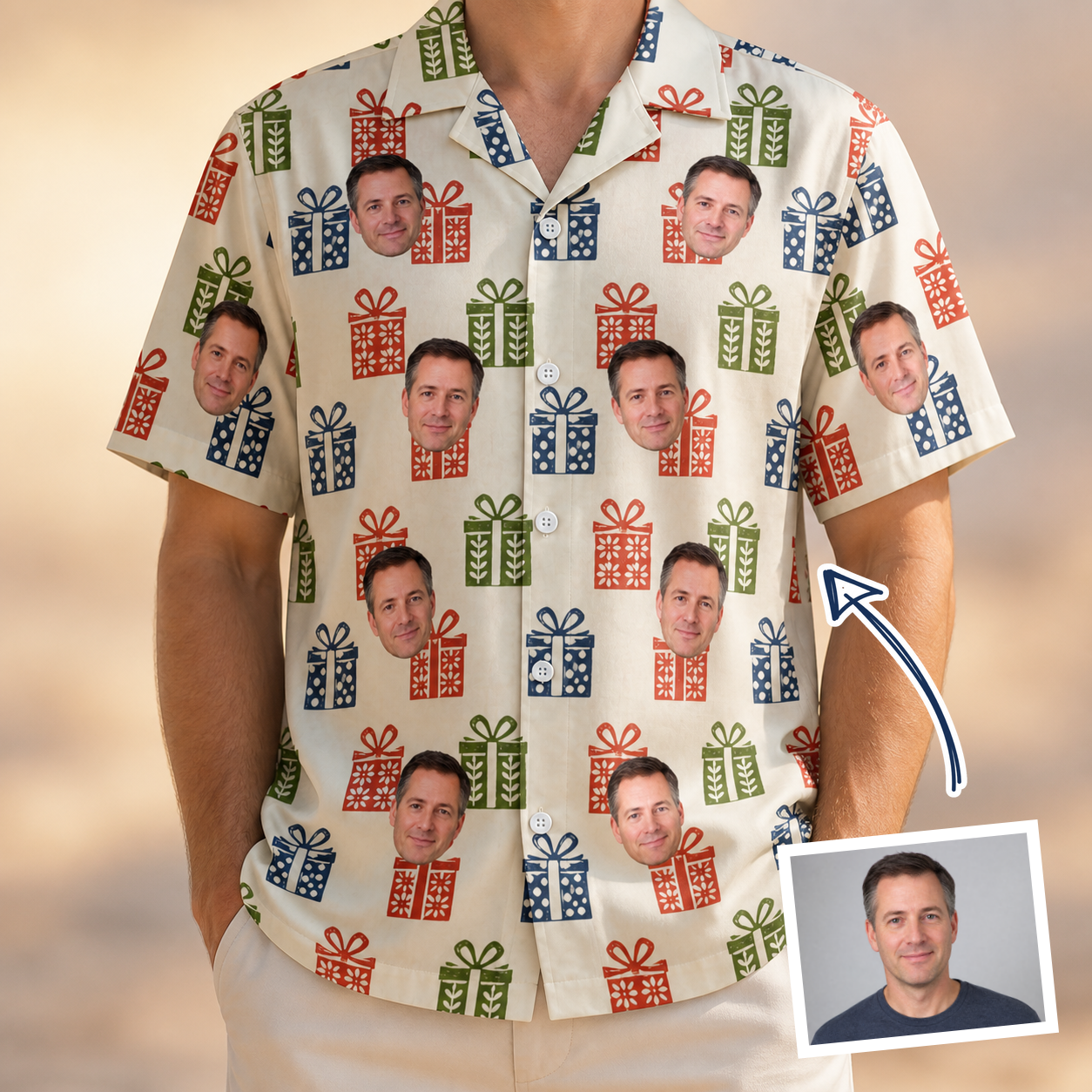 Man wearing Men's Cheery Crates Custom Face Hawaiian Shirt — custom faces printed all-over