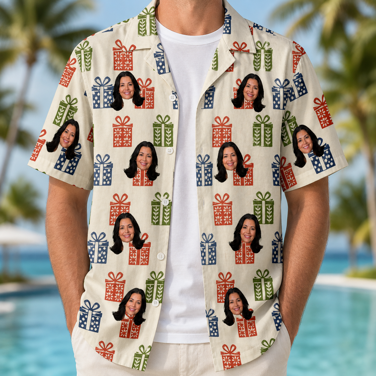 Man wearing Men's Cheery Crates Custom Face Hawaiian Shirt open over a white tee