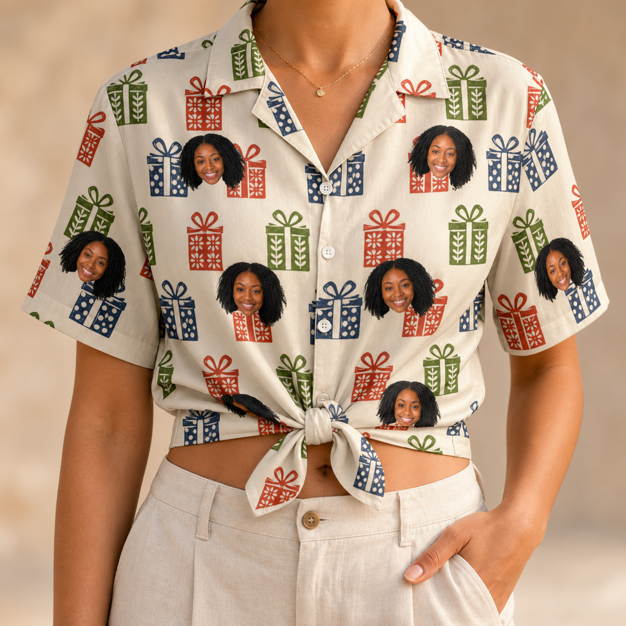 Woman wearing Women's Cheery Crates Custom Face Hawaiian Shirt tied at the waist