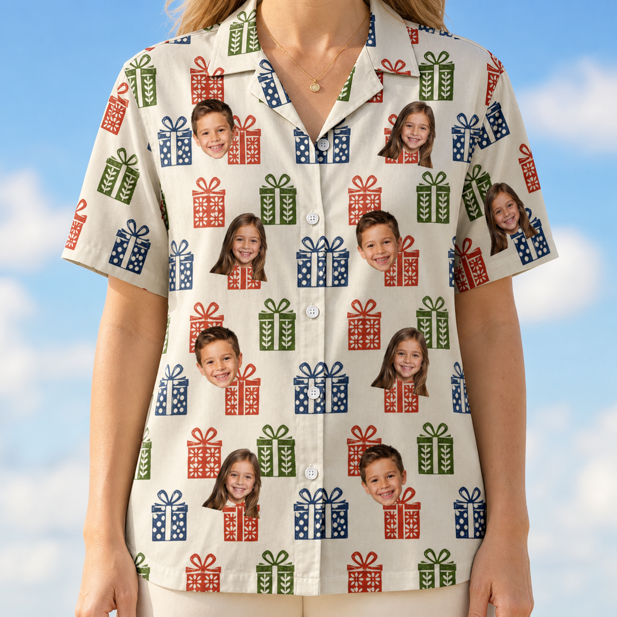Model wearing Women's Cheery Crates Custom Face Hawaiian Shirt printed with kids' faces