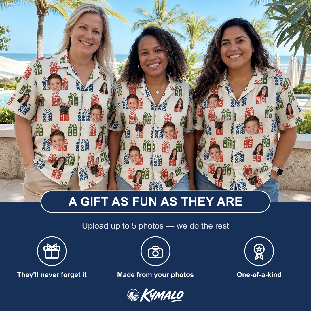 Friends in matching Women's Cheery Crates Custom Face Hawaiian Shirt — a group gift photo