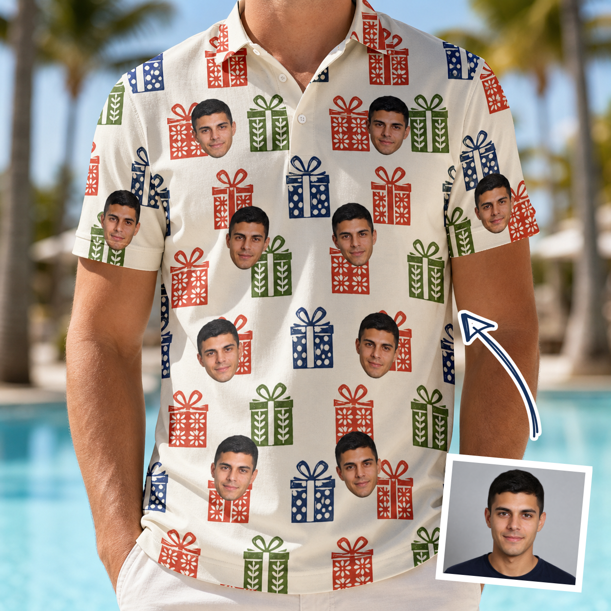 Man wearing Men's Cheery Crates Custom Face Polo Shirt — custom faces printed all-over