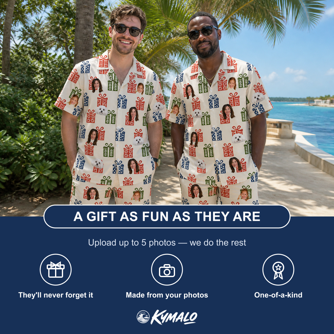 Friends in matching Men's Cheery Crates Custom Face Shirt & Shorts Set — a group gift photo