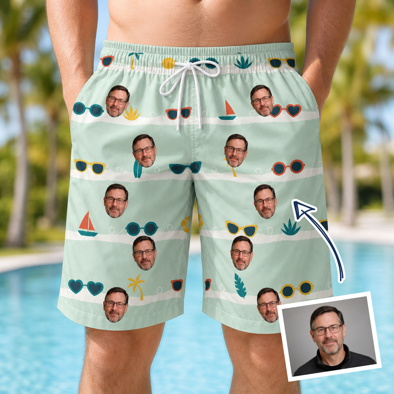 Man wearing Men's Lens Liaisons Custom Face Beach Shorts — custom faces printed all-over