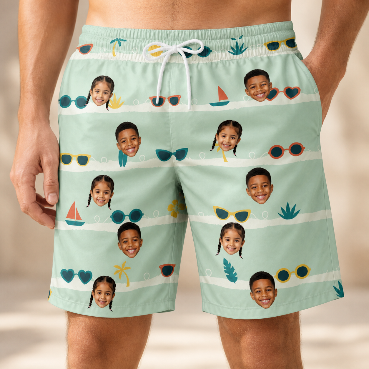 Model wearing Men's Lens Liaisons Custom Face Beach Shorts printed with kids' faces