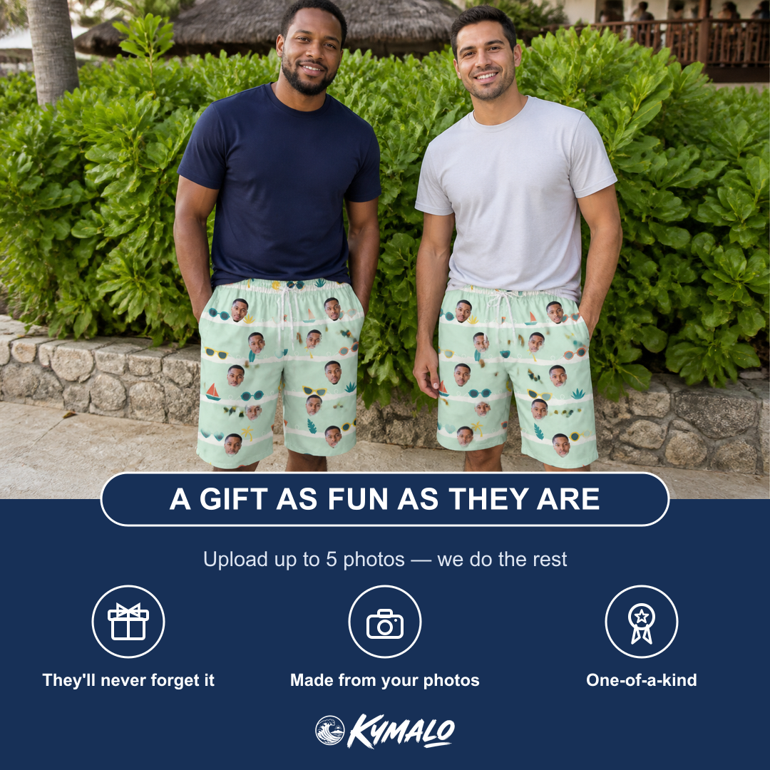 Friends in matching Men's Lens Liaisons Custom Face Beach Shorts — a group gift photo