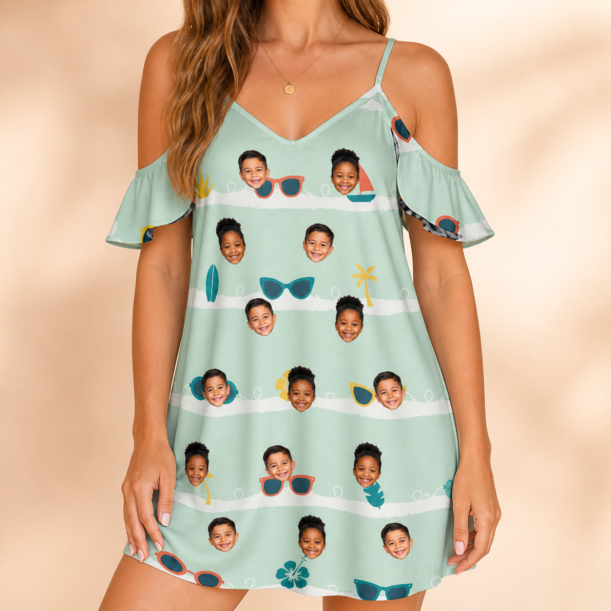 Model wearing Women's Lens Liaisons Custom Face Off-Shoulder Dress printed with kids' faces
