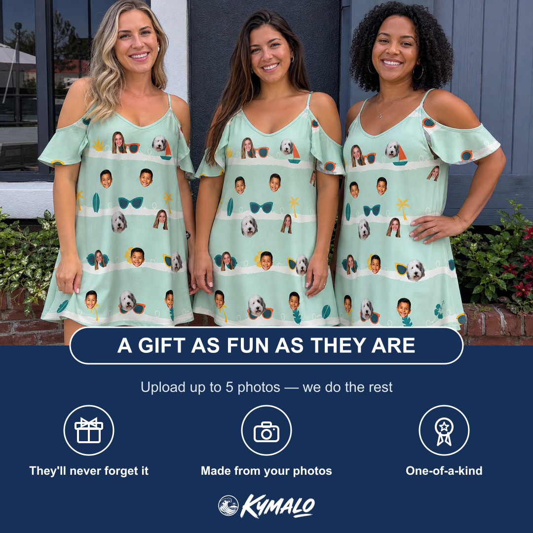 Friends in matching Women's Lens Liaisons Custom Face Off-Shoulder Dress — a group gift photo