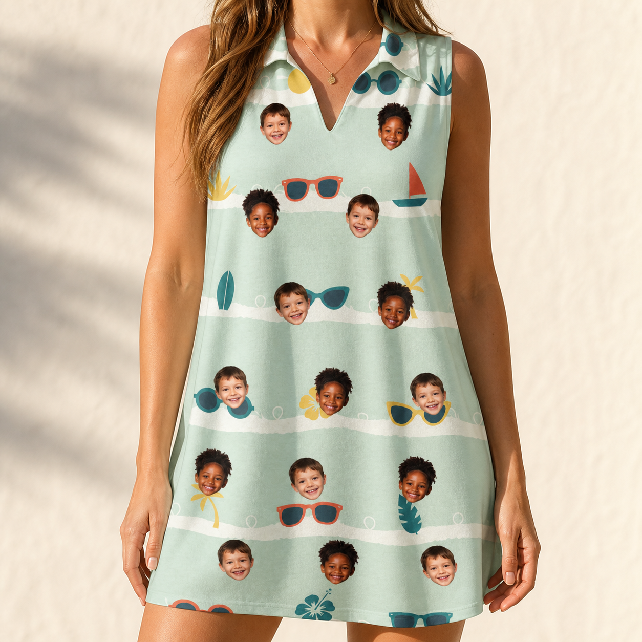 Model wearing Women's Lens Liaisons Custom Face V-Neck Dress printed with kids' faces