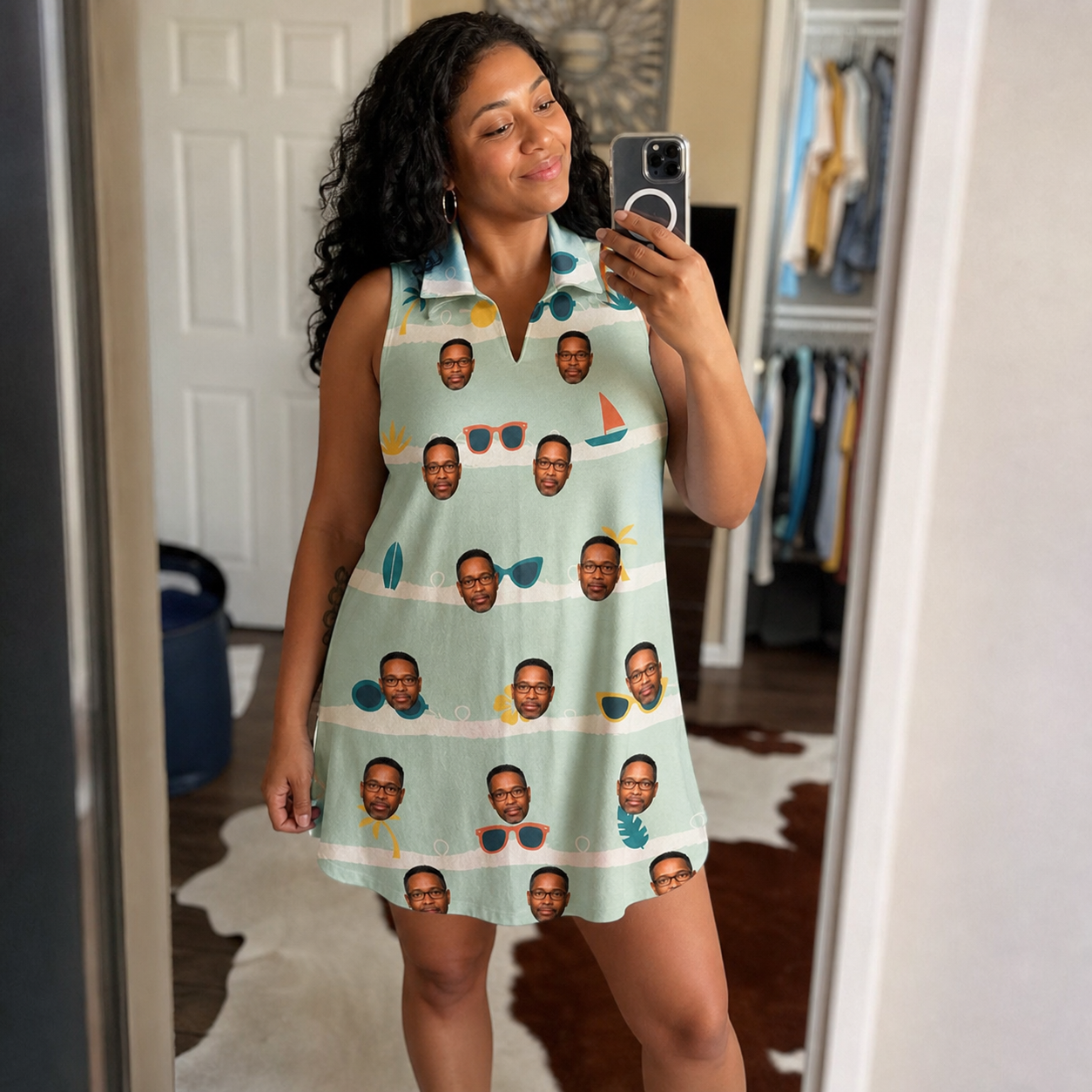 Real-life photo of someone wearing Women's Lens Liaisons Custom Face V-Neck Dress — custom faces printed all-over