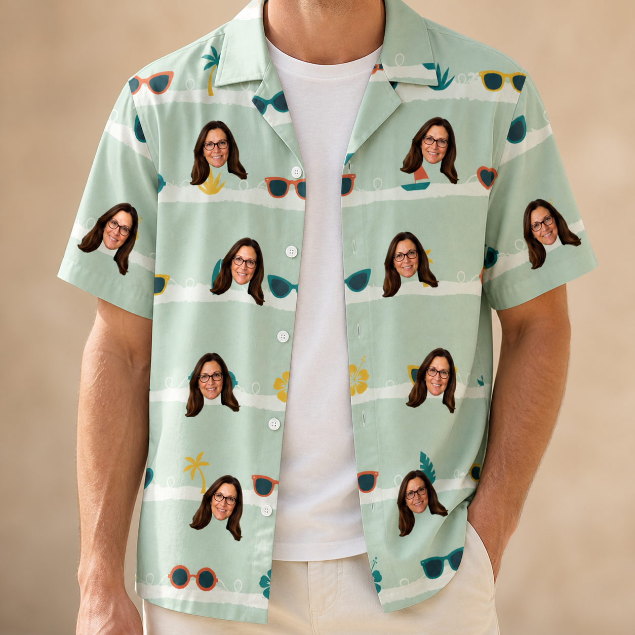 Man wearing Men's Lens Liaisons Custom Face Hawaiian Shirt open over a white tee