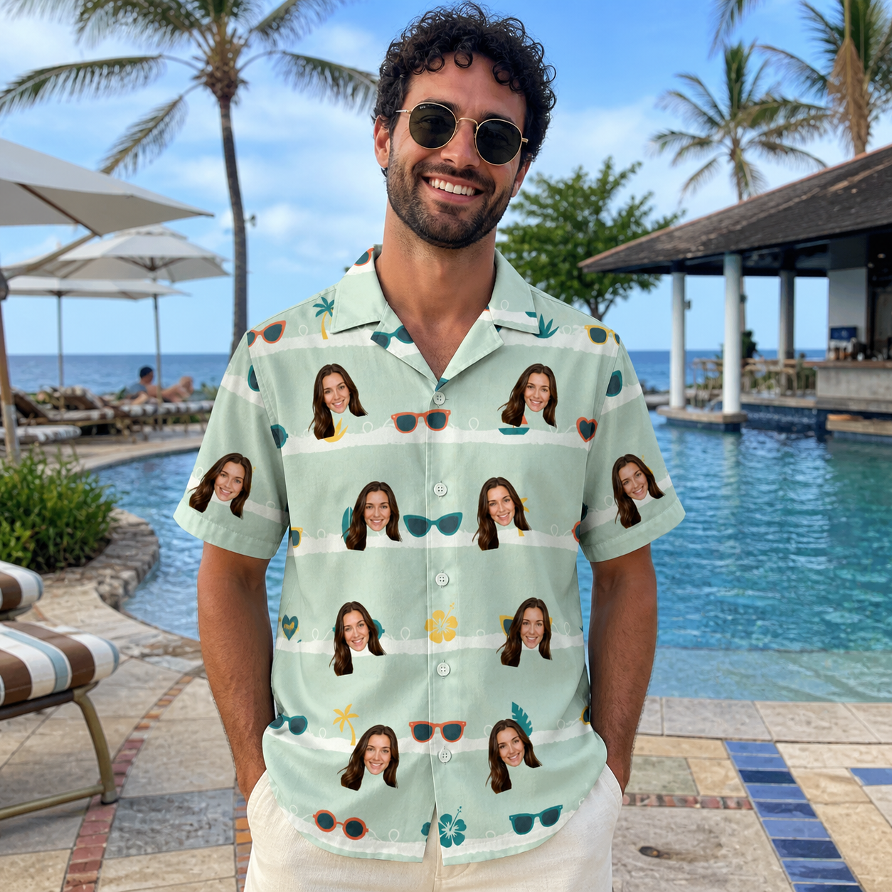 Real-life photo of someone wearing Men's Lens Liaisons Custom Face Hawaiian Shirt — custom faces printed all-over