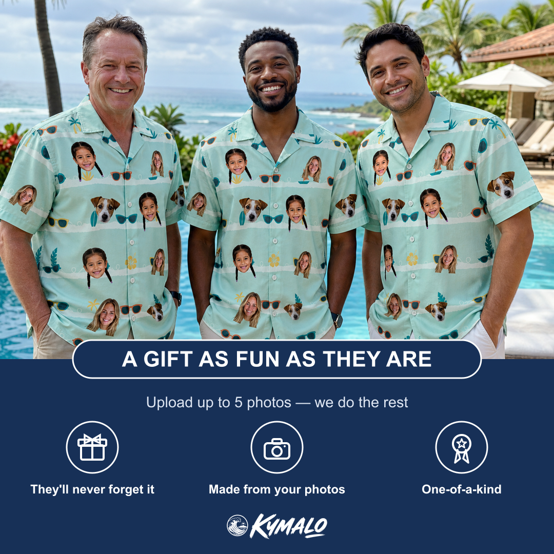 Friends in matching Men's Lens Liaisons Custom Face Hawaiian Shirt — a group gift photo