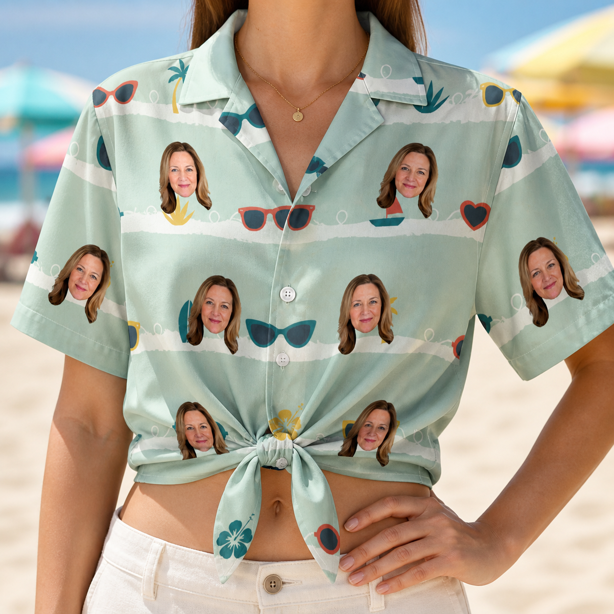 Woman wearing Women's Lens Liaisons Custom Face Hawaiian Shirt tied at the waist