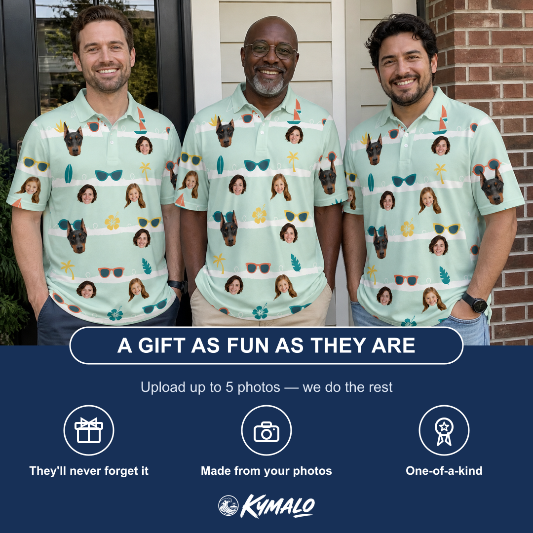 Friends in matching Men's Lens Liaisons Custom Face Polo Shirt — a group gift photo