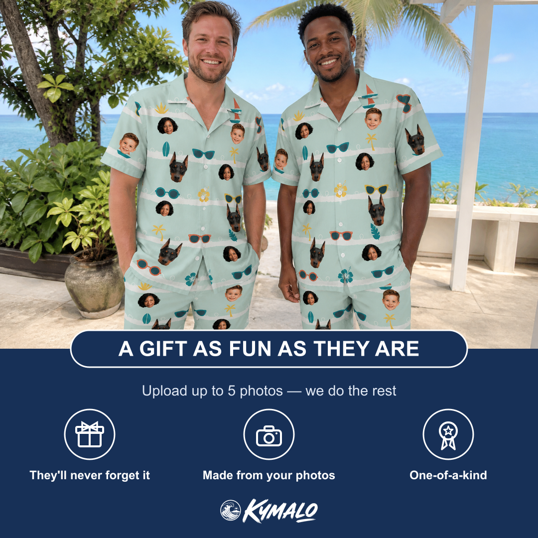Friends in matching Men's Lens Liaisons Custom Face Shirt & Shorts Set — a group gift photo