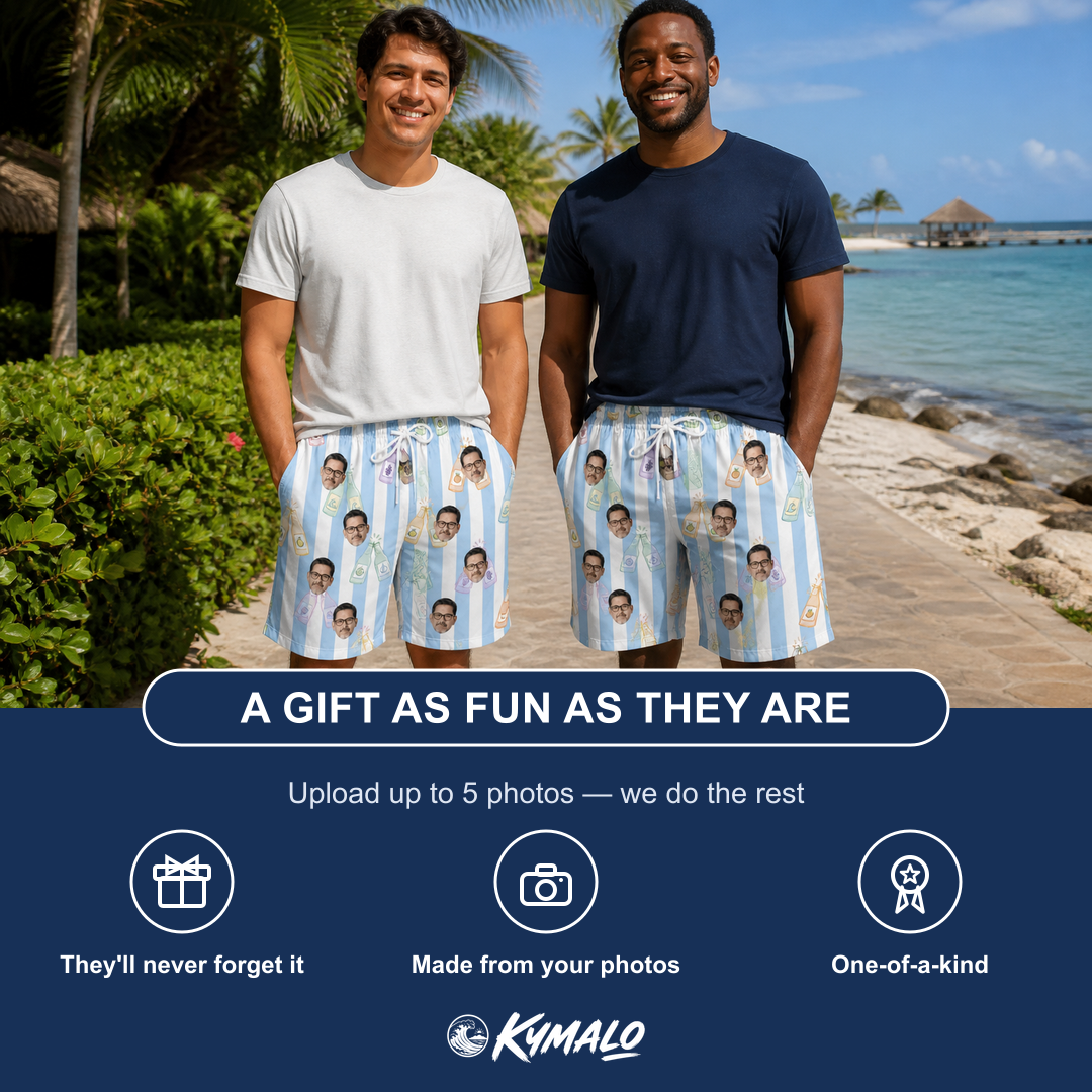 Friends in matching Men's Bottle Belles Custom Face Beach Shorts — a group gift photo