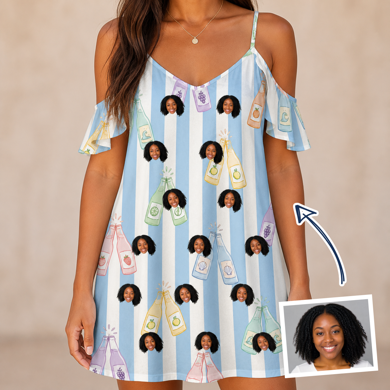 Woman wearing Women's Bottle Belles Custom Face Off-Shoulder Dress — custom faces printed all-over
