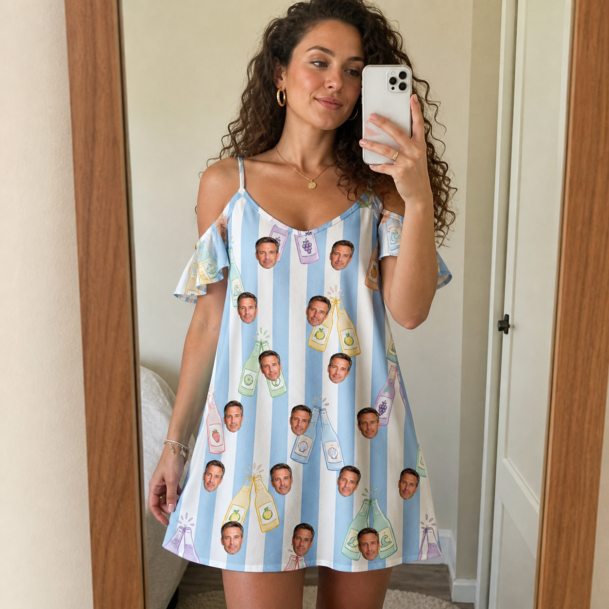 Real-life photo of someone wearing Women's Bottle Belles Custom Face Off-Shoulder Dress — custom faces printed all-over