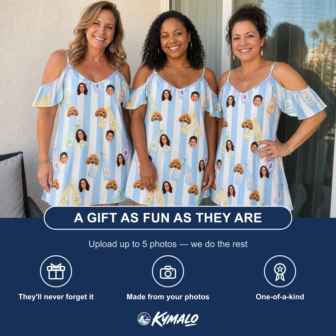 Friends in matching Women's Bottle Belles Custom Face Off-Shoulder Dress — a group gift photo