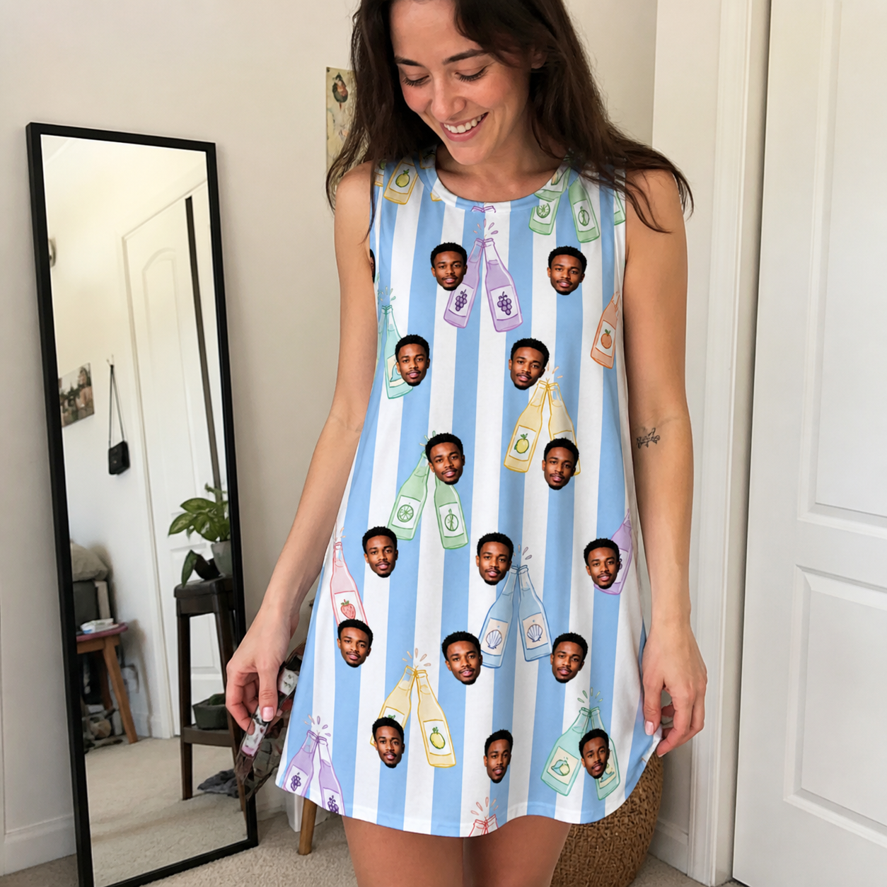 Real-life photo of someone wearing Women's Bottle Belles Custom Face Tank Dress — custom faces printed all-over