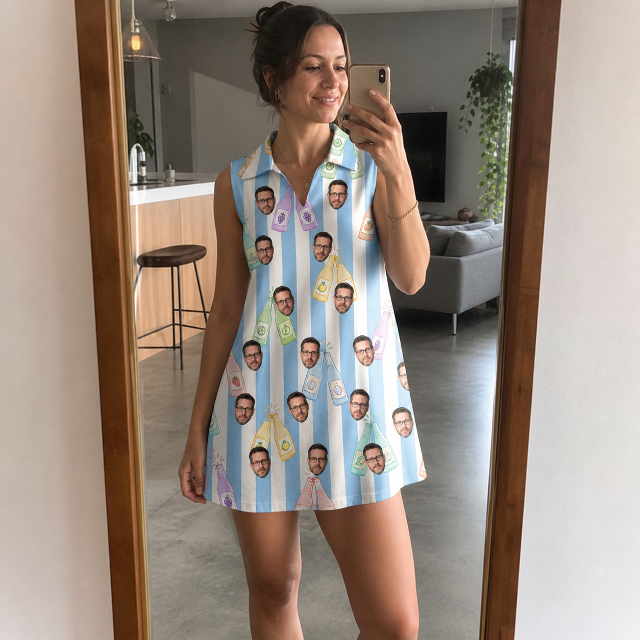 Real-life photo of someone wearing Women's Bottle Belles Custom Face V-Neck Dress — custom faces printed all-over