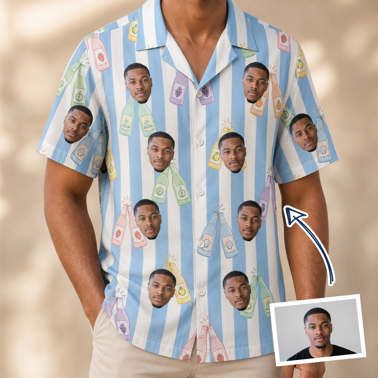 Man wearing Men's Bottle Belles Custom Face Hawaiian Shirt — custom faces printed all-over