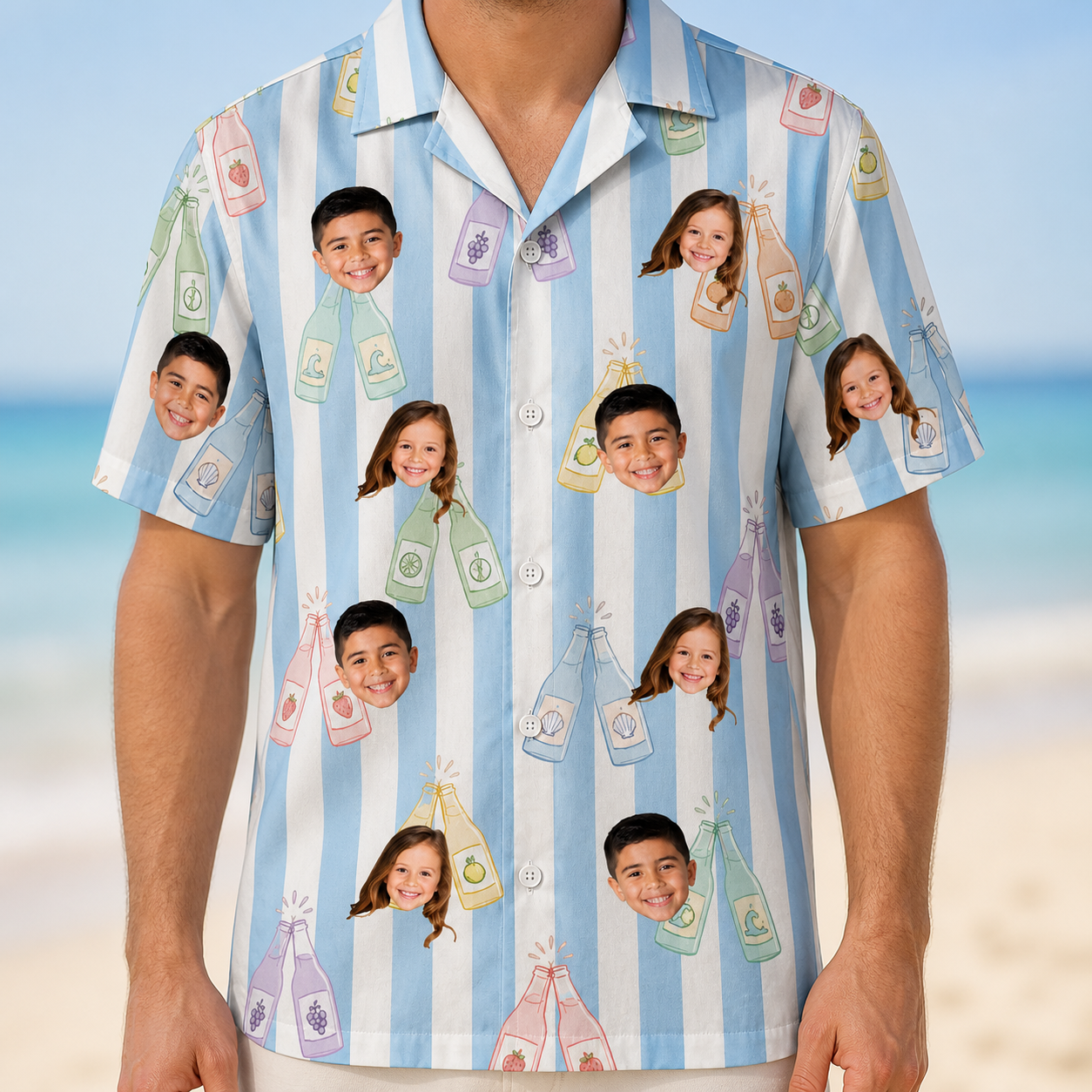 Model wearing Men's Bottle Belles Custom Face Hawaiian Shirt printed with kids' faces