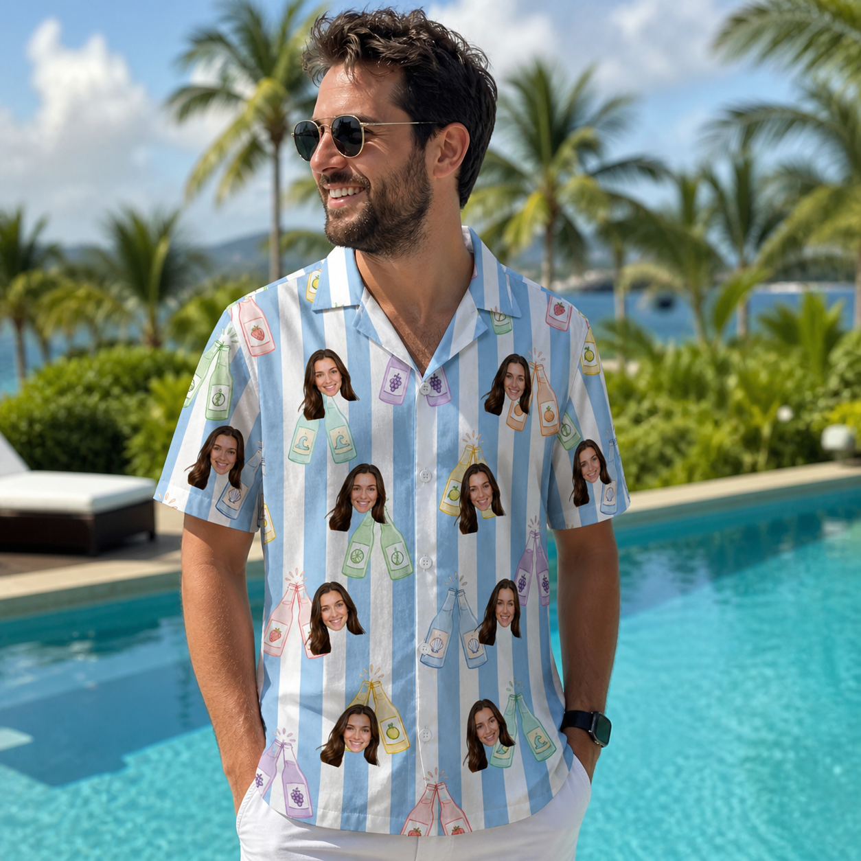 Real-life photo of someone wearing Men's Bottle Belles Custom Face Hawaiian Shirt — custom faces printed all-over