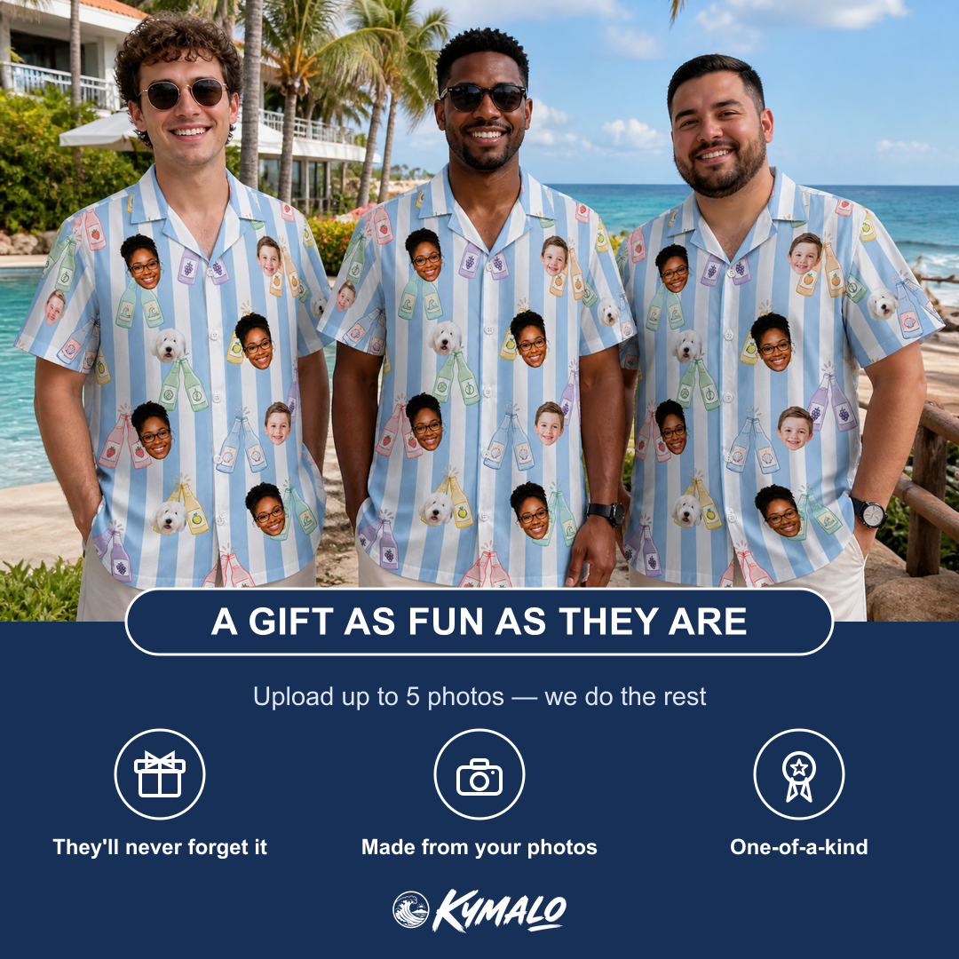 Friends in matching Men's Bottle Belles Custom Face Hawaiian Shirt — a group gift photo