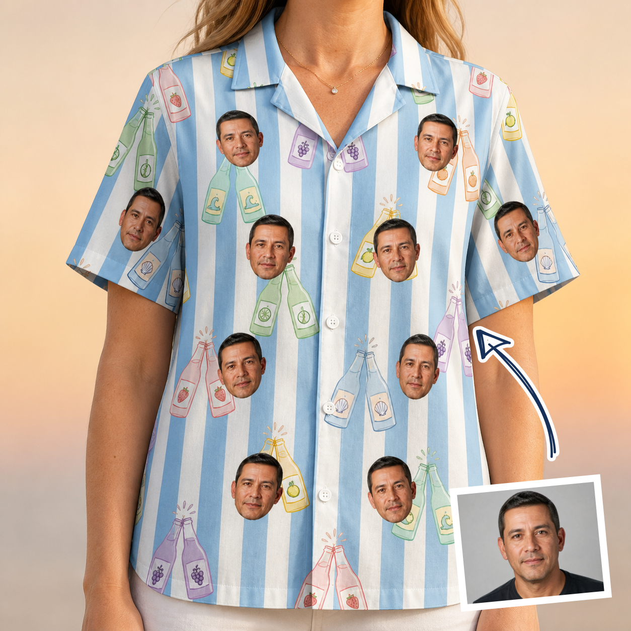 Woman wearing Women's Bottle Belles Custom Face Hawaiian Shirt — custom faces printed all-over