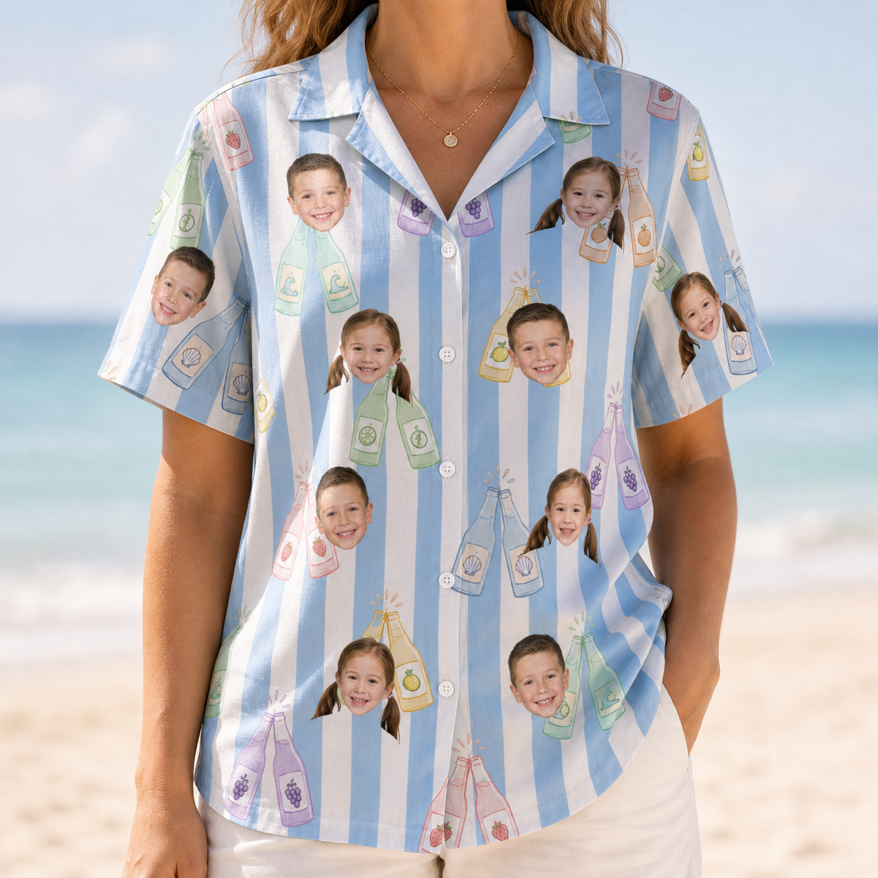 Model wearing Women's Bottle Belles Custom Face Hawaiian Shirt printed with kids' faces