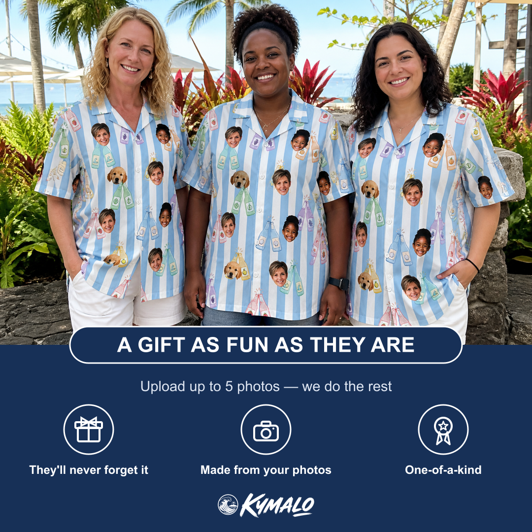 Friends in matching Women's Bottle Belles Custom Face Hawaiian Shirt — a group gift photo