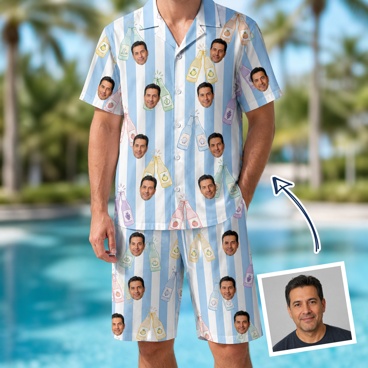 Man wearing Men's Bottle Belles Custom Face Shirt & Shorts Set — custom faces printed all-over