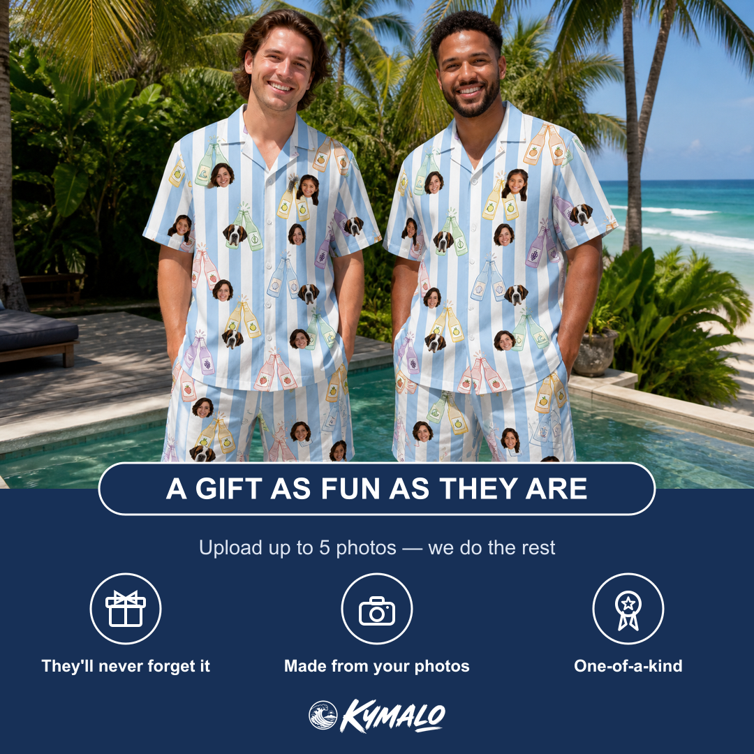 Friends in matching Men's Bottle Belles Custom Face Shirt & Shorts Set — a group gift photo