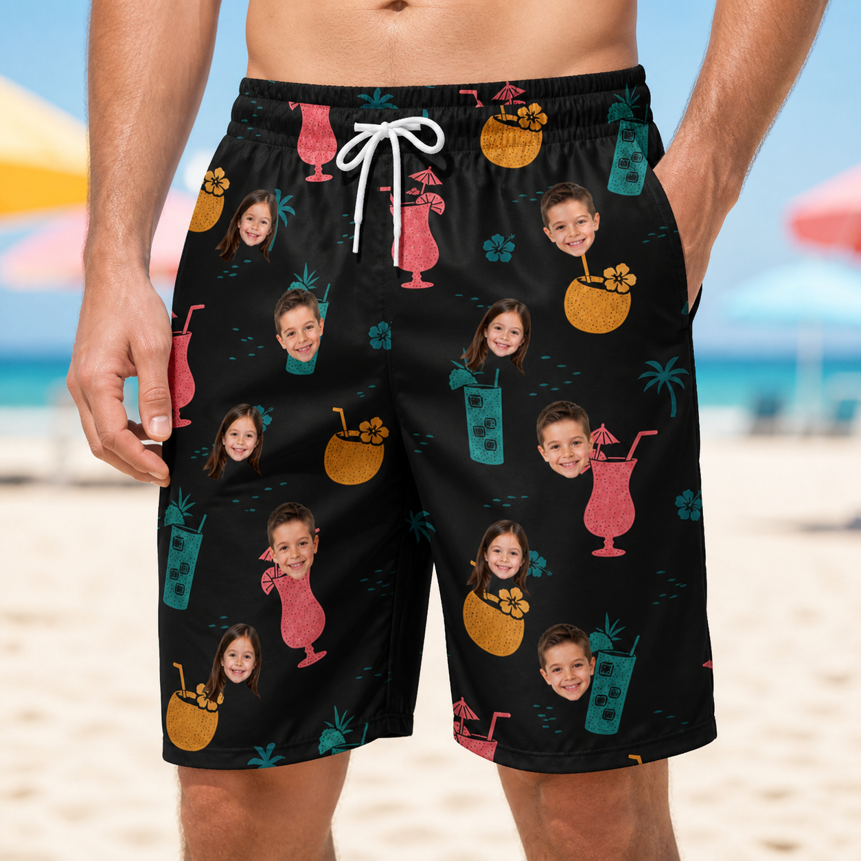 Model wearing Men's Pour Decisions Custom Face Beach Shorts printed with kids' faces
